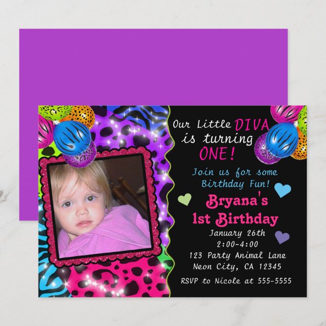 Neon Animal Print Cheetah Leopard Photo Invitation (Front/Back)