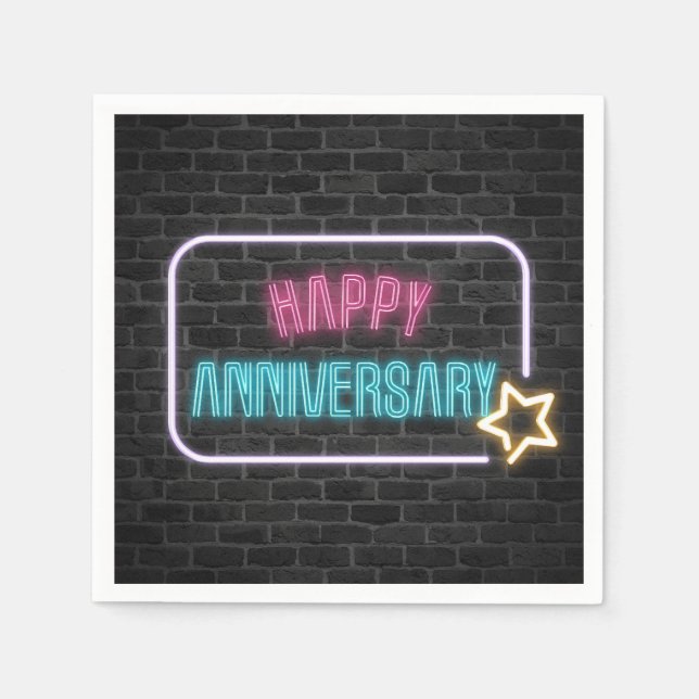 Neon Anniversary Sign On Brick Wall Napkins (Front)