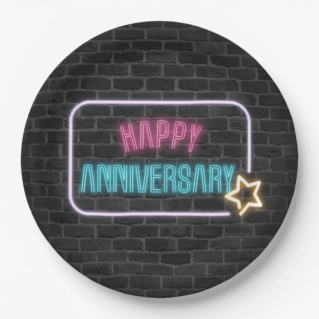 Neon Anniversary Sign On Brick Wall Paper Plates (Front)