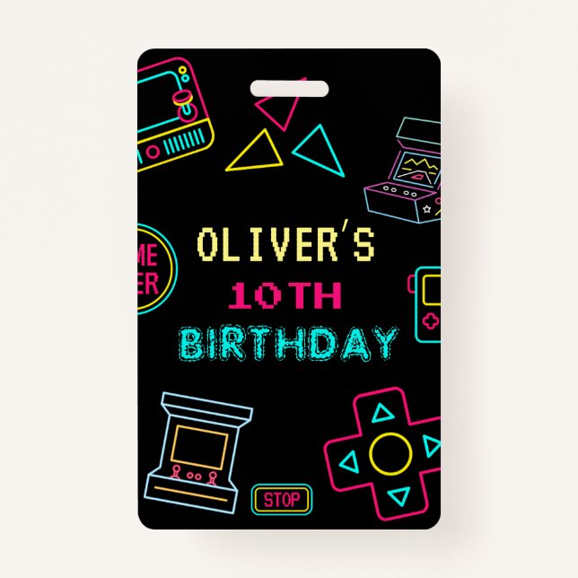 Neon Any year video games arcade birthday  Badge (Front)