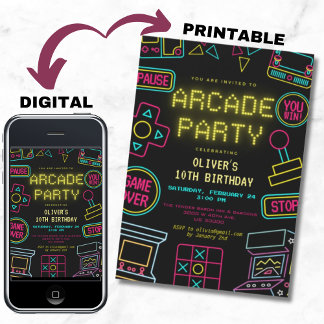 Neon Any year video games arcade birthday Invitation