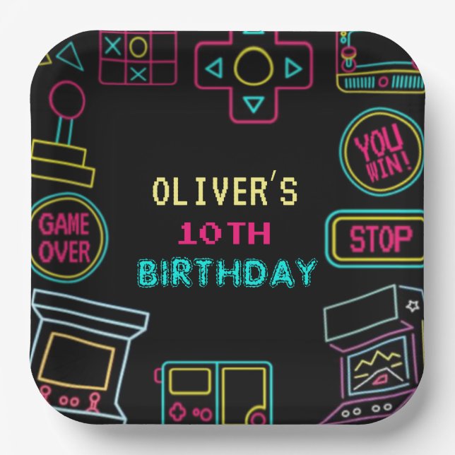 Neon Any year video games arcade birthday  Paper Plates (Front)