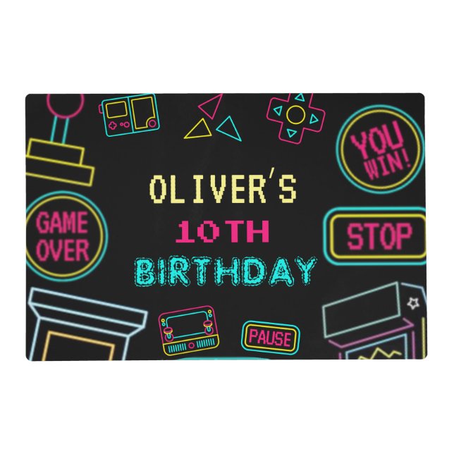 Neon Any year video games arcade birthday  Placemat (Front)