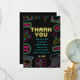 Neon Any year video games arcade birthday  Thank You Card
