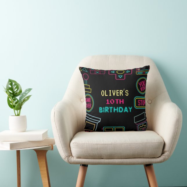 Neon Any year video games arcade birthday  Throw Pillow (Chair)