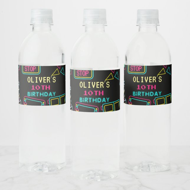 Neon Any year video games arcade birthday  Water Bottle Label (Bottles)