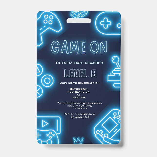 Neon Any year video games birthday invitation Badge (Front)