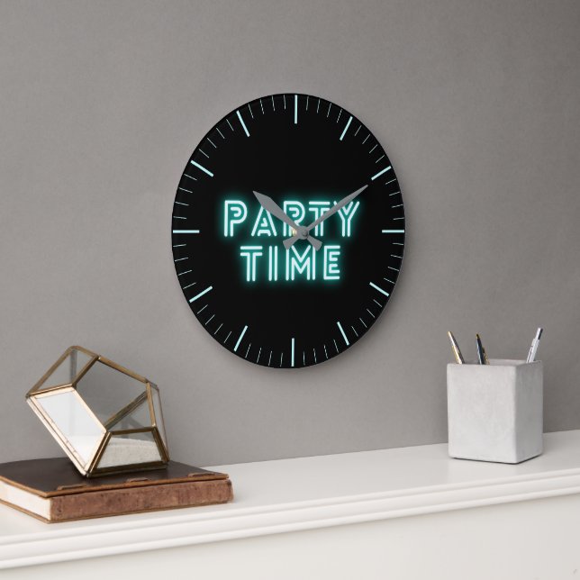 Neon Aqua Party Time Round Clock (Office)