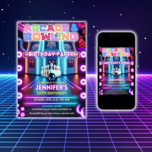Neon arcade and bowling gaming birthday party  invitation