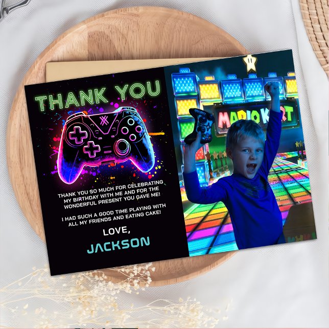 Neon Arcade Game Birthday Photo Thank You Card (Creator Uploaded)