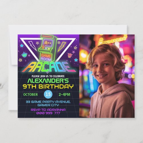 Neon Arcade Photo Birthday Gaming Party Invitation