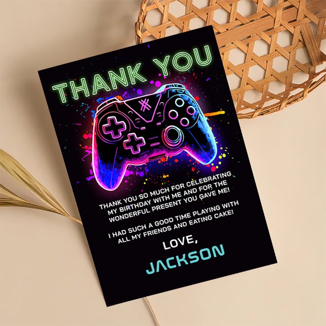 Neon Arcade Video Game Birthday Thank You Card (Creator Uploaded)