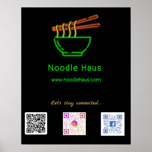 Neon Asian Noodle Bowl Social Media QR Codes Poster