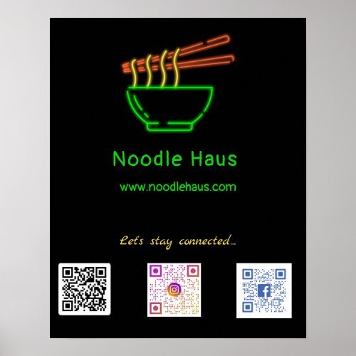 Neon Asian Noodle Bowl Social Media QR Codes   Poster