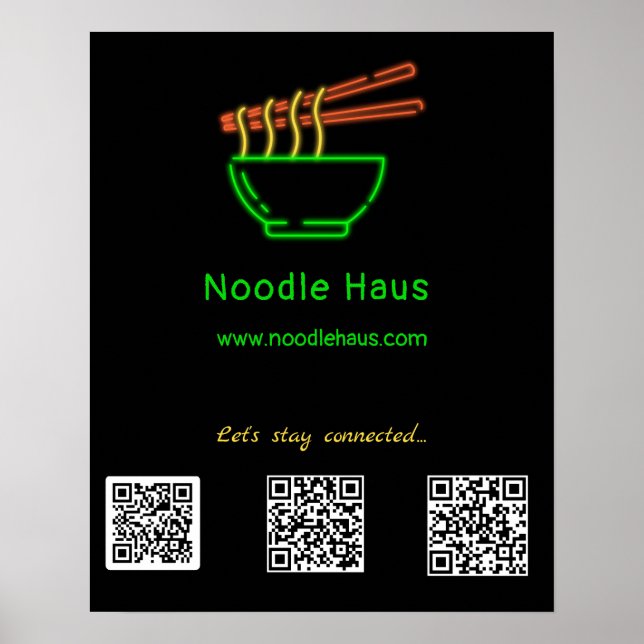 Neon Asian Noodle Bowl Social Media QR Codes   Poster (Front)