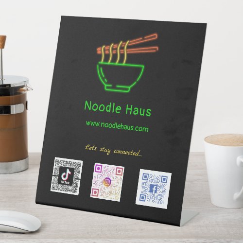 Neon Asian Noodle Bowl Social Media Scan Codes  Pedestal Sign