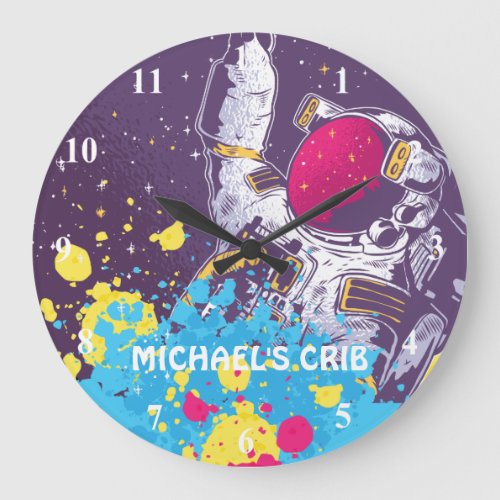 Neon Astronaut Graphics Cool Teen Trendy Purple Large Clock