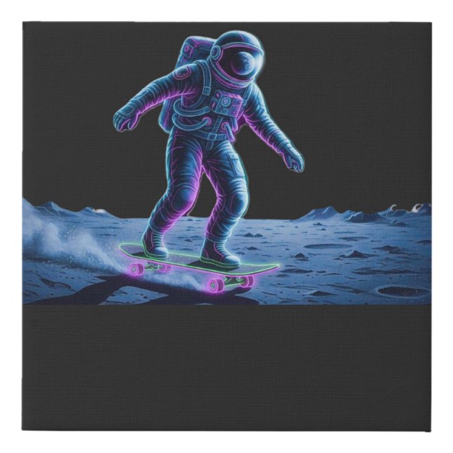 Neon Astronaut Skateboarding on the Moon Faux Canvas Print (Front)