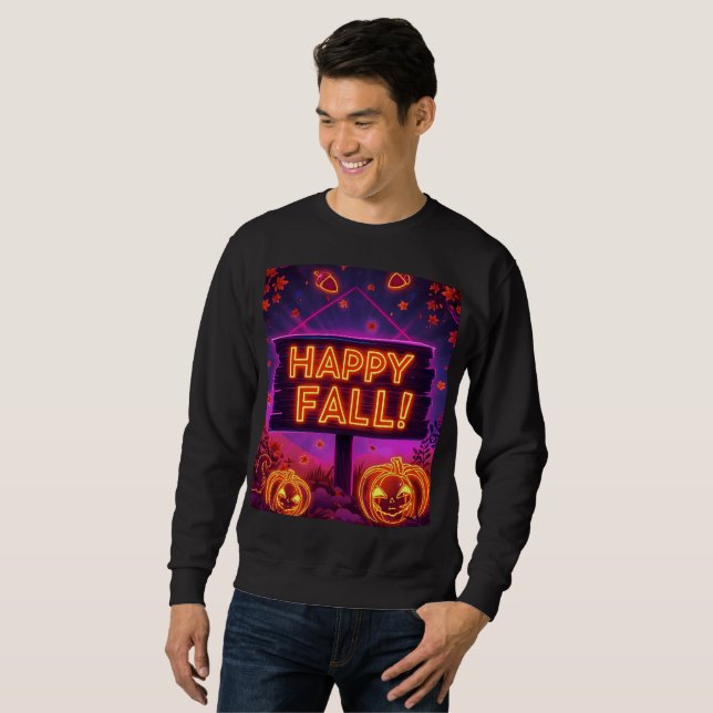 Neon Autumn Hoodie – Happy Fall Leaves, Pumpkins & (Front Full)