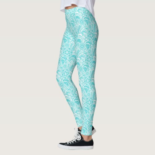 Neon Baby Blue with White Lace Pattern Leggings
