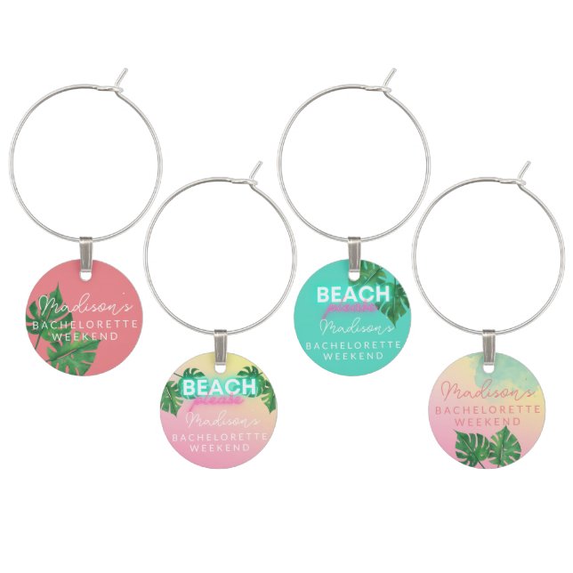 Neon Bachelorette Party Beach Please Tropical Wine Charm (Staggered)