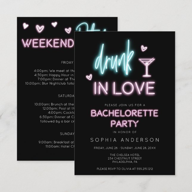 Neon Bachelorette Party Invitation Itinerary (Front/Back)