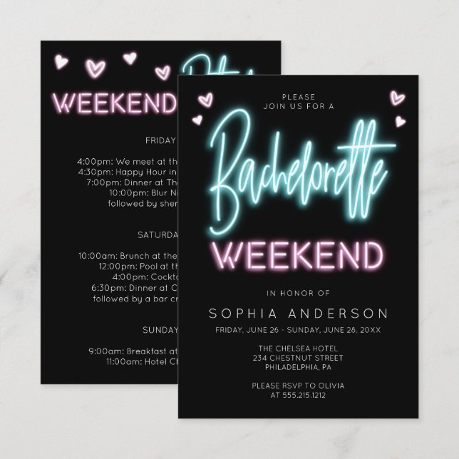 Neon Bachelorette Weekend Invitation Itinerary (Front/Back)