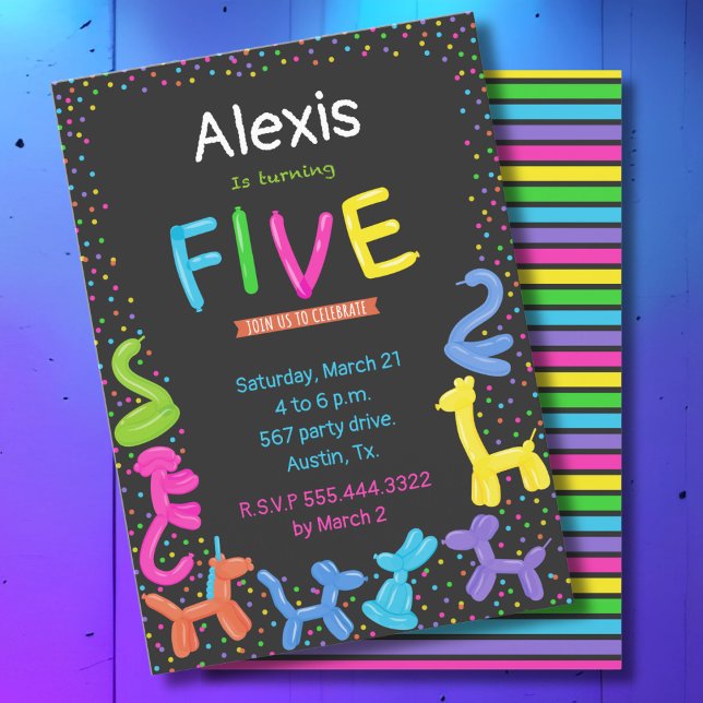 Neon balloon animals 5th birthday invitation (Creator Uploaded)