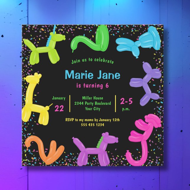 Neon balloons, animals balloons Invitation (Creator Uploaded)