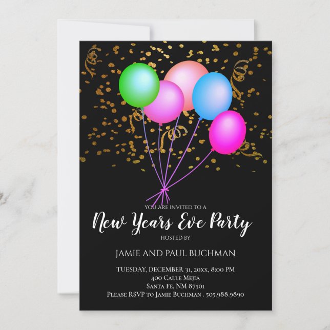 Neon Balloons Confetti New Years Eve Party Invitation (Front)