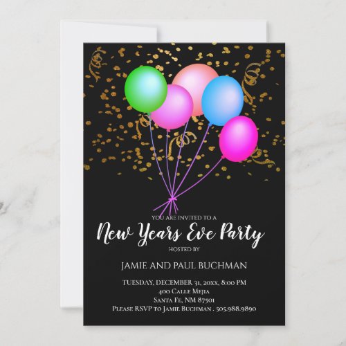 Neon Balloons Confetti New Years Eve Party Invitation