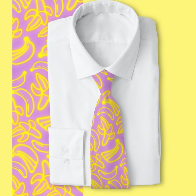 Neon Bananas purple Neck Tie (Fun bright banana pattern pink background )