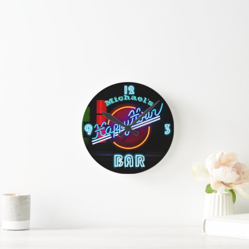 Neon BAR Clock Custom Happy Hour Den Mancave Zazzle