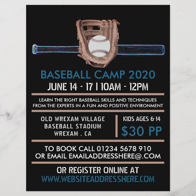 Neon Baseball Bat & Gear, Baseball Camp Advert Flyer (Front)