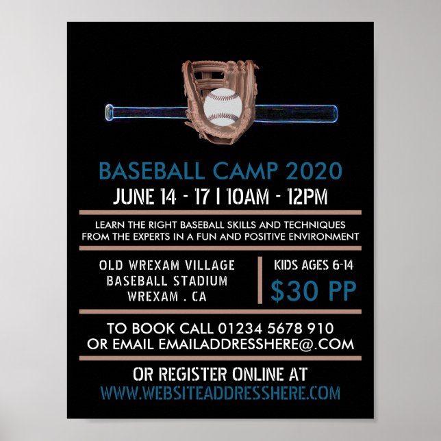 Neon Baseball Bat & Gear, Baseball Camp Advert Poster (Front)