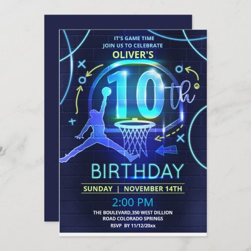 Neon Basketball Birthday Invitation 