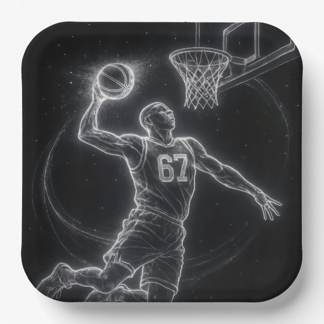 Neon Basketball Player Number 67 Paper Plates (Front)