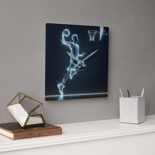 Neon Basketball Player With Light Trails Square Wall Clock