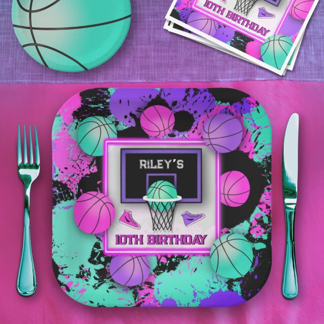 Neon Basketball Sneakers & Paint Splatter Birthday Paper Plates (Creator Uploaded)