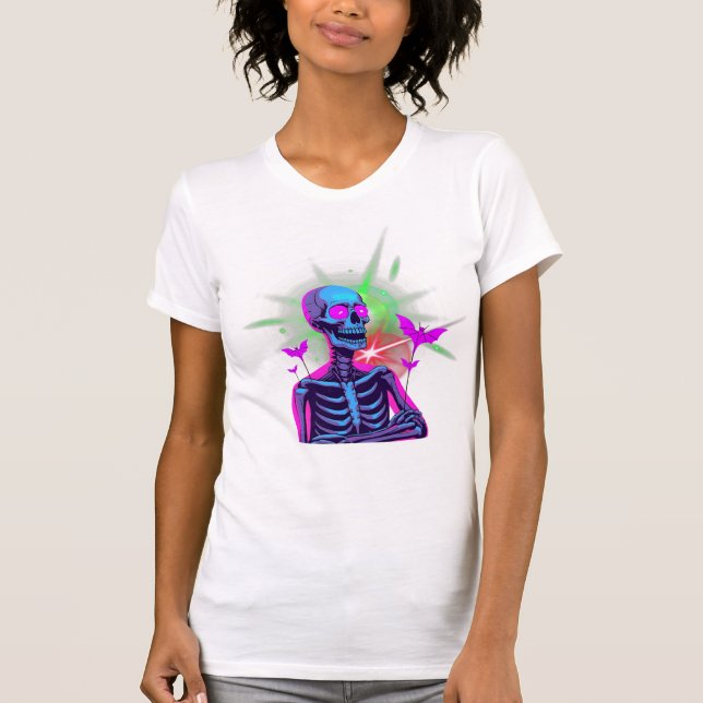 Neon Bat Skeletons – Retro Glow Halloween Vibe T-Shirt (Front)