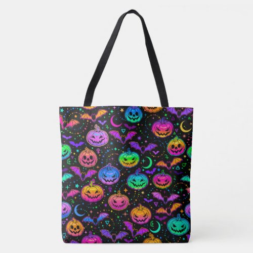 Neon Bats Pumpkins and Jack_o_Lanterns  Tote Bag