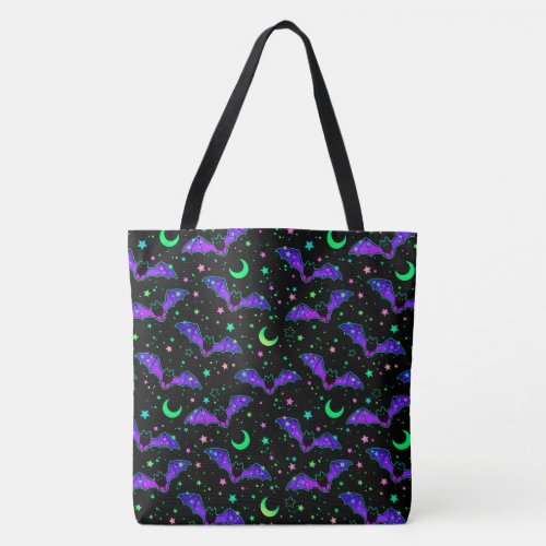 Neon Bats Stars and Moons Halloween Tote Bag