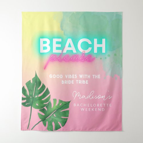 Neon Beach Please Bachelorette Pink Gradient Palm Tapestry