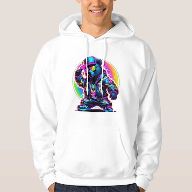 Neon Bear Glow: Vibrant Retro Streetwear Hoodie (Front)