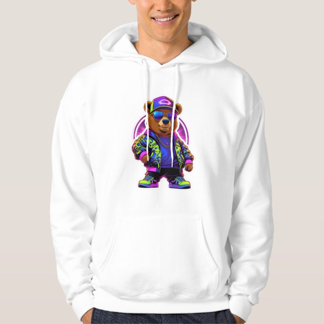 Neon Bear Glow: Vibrant Retro Streetwear Hoodie (Front)