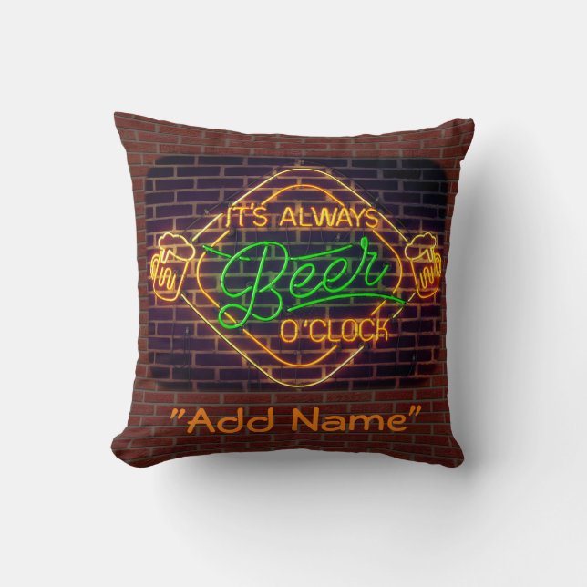 Neon Beer Bar Sign Decorative Throw Pillow Mancave (Front)