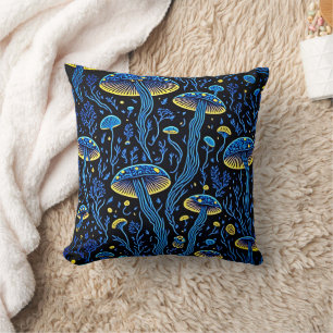 Neon Bioluminescent Mushroom Throw Pillow