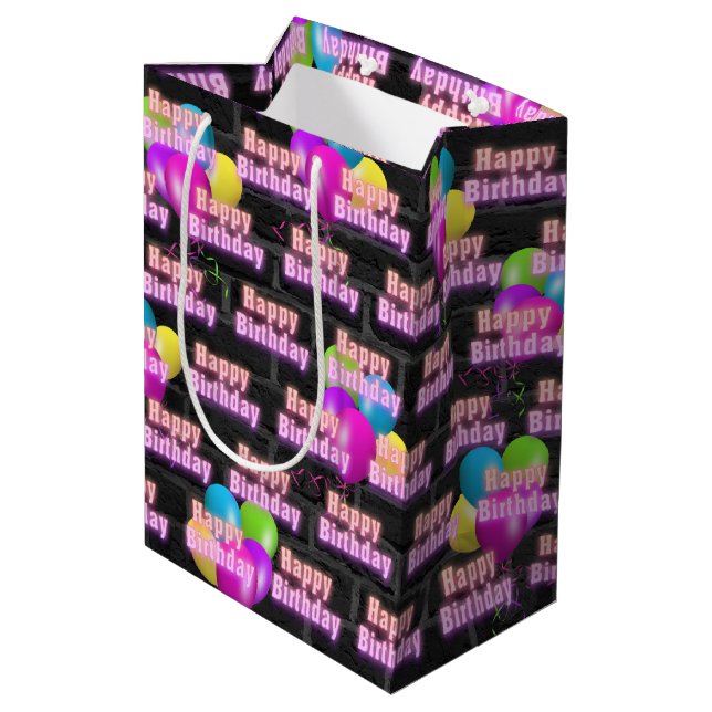 Neon Birthday and Balloons on Brick Medium Gift Ba Bag (Back Angled)