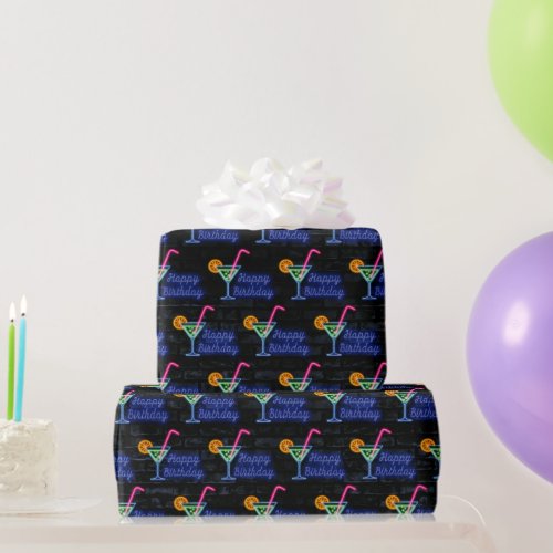 Neon Birthday and Cocktail Sign On Brick Wrapping Paper