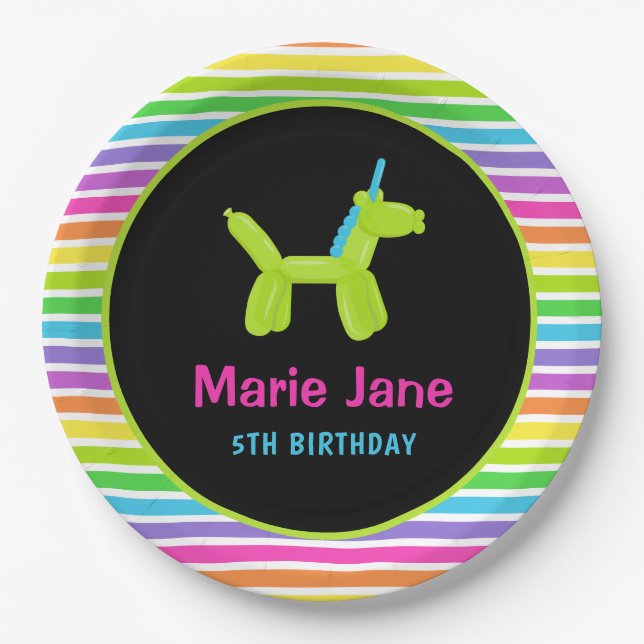NEON BIRTHDAY ANIMALS BALLOONS PAPER PLATES (Front)